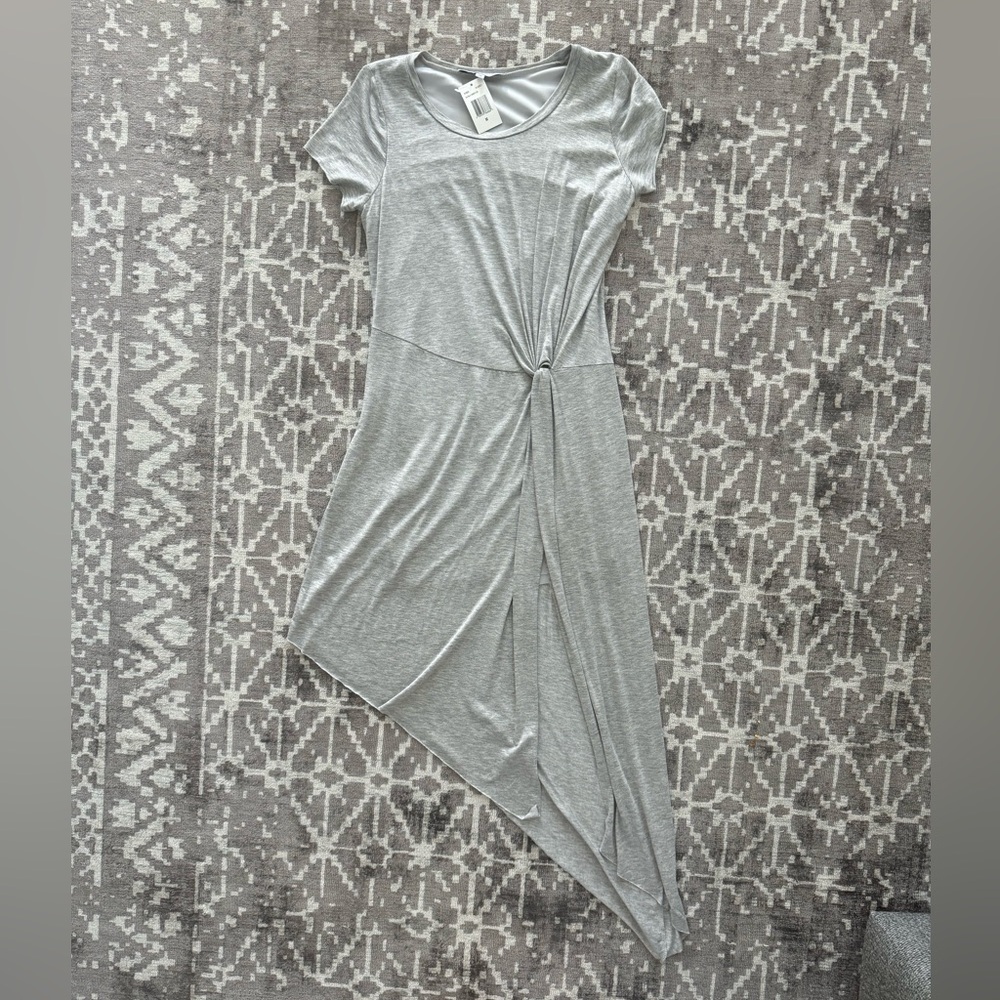 NWT Grey T-shirt scoop neck asymmetrical lined raw hem cinched waist dress